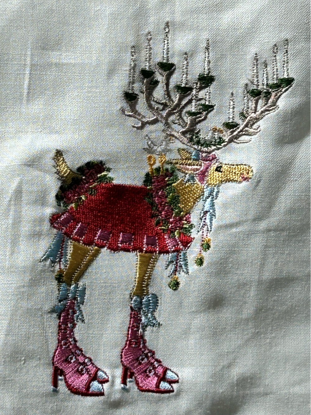White Holiday Guest Towel with Festive Embroidered Reindeer - Picture 2 of 8